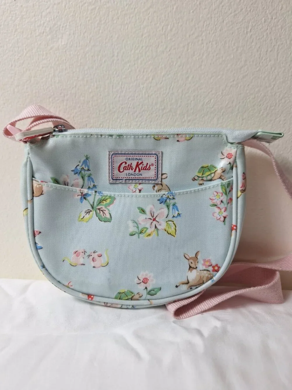 Cath Kidston Light Blue Floral Kids Crossbody Bag with Pink Strap